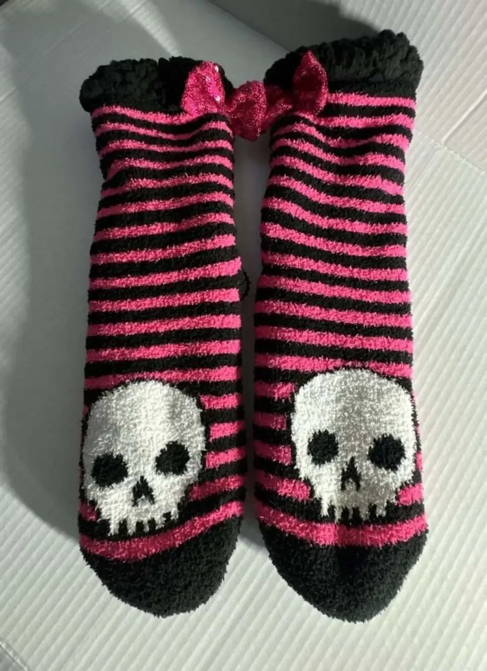 Betsey Johnson Pink and Black Striped Skull Cozy Slipper Socks